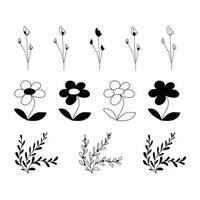 Floral elements and flowers, twigs and leaves set. Vector silhouettes of flowers