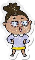 distressed sticker of a cartoon happy woman wearing spectacles vector