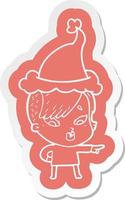 cartoon  sticker of a surprised girl pointing wearing santa hat vector