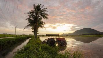 timelapse zonsopgang van reflectie tractor met kokospalm video