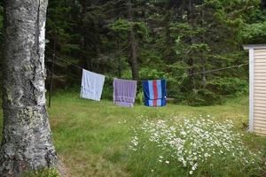 Old Fashioned Clothesline with Towels Hanging to Dry photo