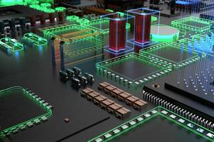 diferentes tipos de computadoras y repuestos. Representación 3D sobre el tema de la informática. foto