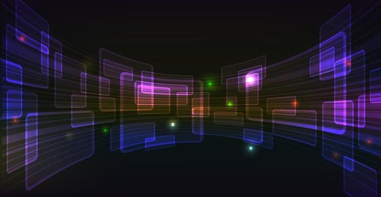 Geometric background with neon glow. Luminous blocks in the form of a grid curved inwards.