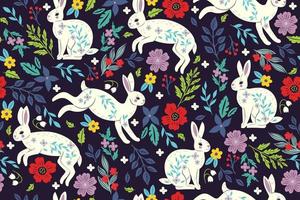 Seamless pattern with white rabbits and flowers. Vector graphics.