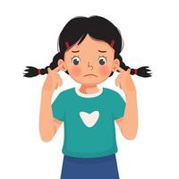 Cute little girl not listening plugging and covering her ears with fingers from noisy loud sound showing annoyed facial expression vector