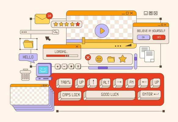 Browser windows in the vaporwave style of the 80-90s. Desktop PC with message windows and pop-up user interface elements. Old user interface and the keyboard . Vector illustration