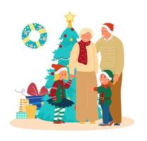 abuelos con nietos en traje de navidad parados cerca del árbol de navidad con cajas de regalos. ilustración vectorial plana. vector