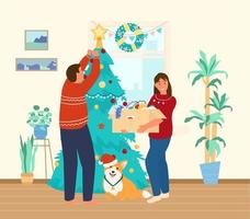 pareja con gog decorando el árbol de navidad en casa. ilustración vectorial plana. vector