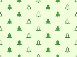 Tree cartoon character seamless pattern on green background. Pixel style vector
