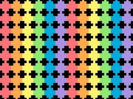 Geometric rainbow cartoon character seamless pattern on black background. Pixel style vector