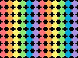 Geometric rainbow cartoon character seamless pattern on black background. Pixel style vector