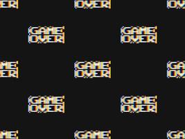 Word game over cartoon character seamless pattern on black background. Pixel style vector