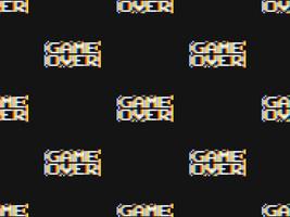 Word game over cartoon character seamless pattern on black background. Pixel style vector