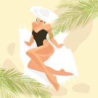 Young woman in swimsuit lying on beach sunbathing under palm trees.Girl in hat relaxing at seaside resort.Summer tourism, vacation.Modern vector illustration.Top view