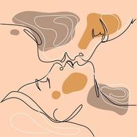 hombre y mujer abstractos besándose, dibujo vectorial de una línea. pareja joven besándose ilustración en colores pastel neutros. retrato estilo minimalista. arte moderno de línea continua. estampado de moda. vector
