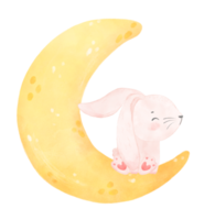 cute baby bunny rabbit on the crescent moon watercolor png
