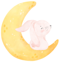 cute baby bunny rabbit on the crescent moon watercolor png