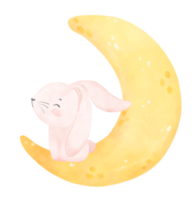 mignon bébé lapin sur l'aquarelle du croissant de lune