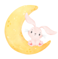 cute baby bunny rabbit on the crescent moon watercolor png