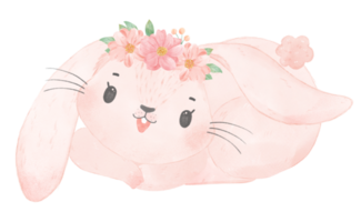 mignon bébé princesse douce lapin rose avec couronne florale aquarelle png