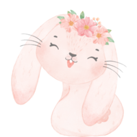 lindo dulce princesa bebé rosa conejito con corona floral acuarela png