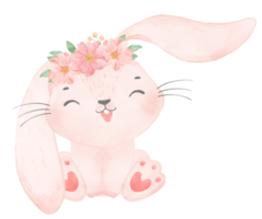 mignon bébé princesse douce lapin rose avec couronne florale aquarelle png