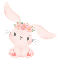 mignon bébé princesse douce lapin rose avec couronne florale aquarelle png