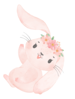 mignon bébé princesse douce lapin rose avec couronne florale aquarelle png