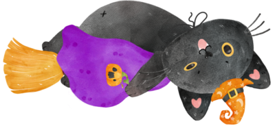 lindo gracioso halloween gato negro bruja en escoba voladora con luna llena y murciélagos ilustración acuarela vector