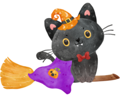 bruxa de gato preto bonito e engraçado de halloween na vassoura voadora com lua cheia e morcegos ilustração em aquarela vetor png