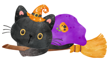 lindo gracioso halloween gato negro bruja en escoba voladora con luna llena y murciélagos ilustración acuarela vector