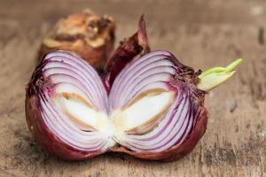 Shallot on brown wooden background photo