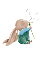 Lapin mignon soufflant peinture à la main couleur eau de fleur de pissenlit, élément de personnage de lapin dessiné à la main de dessin animé pour carte de voeux de Pâques, printemps, affiche d'été, illustration sur fond transparent png