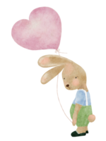 Watercolor Rabbit holding heart shape balloon, Digital hand paint cute Bunny standing alone with funny face, Illustration cartoon for children birthday or invitation greeting card, New year 2023 png