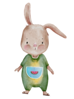simpatico coniglio pittura a mano color acqua, elemento di design del personaggio del coniglio disegnato a mano del fumetto per biglietto di auguri di pasqua, invito, primavera, poster estivo, illustrazione isolato su sfondo trasparente png