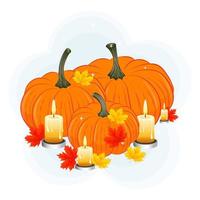 Autumn composition of pumpkins candles and maple leaves, vector illustration, print