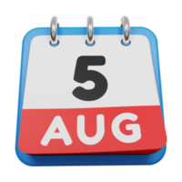 5 de agosto calendário 3d render vista frontal png