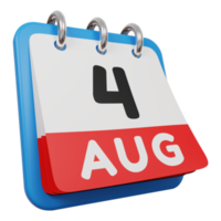 4 de agosto día calendario 3d render vista derecha png