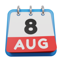 8 augustus dagkalender 3d render vooraanzicht png