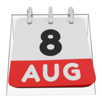 Glass calendar schedule 3d render 8 august front view png