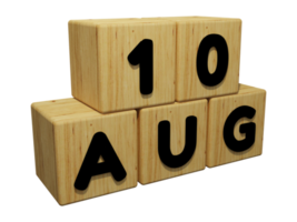 Rendering del calendario in legno 3d della vista di destra dell'illustrazione del concetto del 10 agosto png