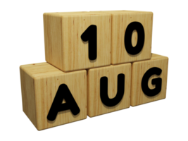 3D trä kalender rendering av 10 augusti koncept illustration höger vy png