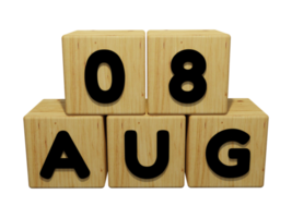 Rendering 3d del calendario in legno della vista frontale dell'illustrazione del concetto dell'8 agosto png