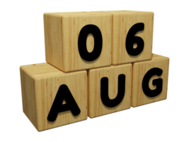 3d renderização de calendário de madeira da vista direita da ilustração do conceito de 6 de agosto png