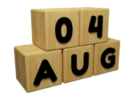 3d renderização de calendário de madeira da vista direita da ilustração do conceito de 4 de agosto png