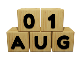 3D houten kalender weergave van 1 augustus concept illustratie vooraanzicht png