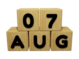 Rendering 3d del calendario in legno della vista frontale dell'illustrazione del concetto del 7 agosto png