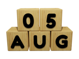 Rendering del calendario in legno 3d della vista frontale dell'illustrazione del concetto del 5 agosto png