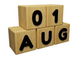 Rendering del calendario in legno 3d della vista di destra dell'illustrazione del concetto del 1 agosto png