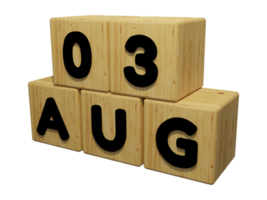 Representación de calendario de madera 3d de la ilustración del concepto del 3 de agosto vista izquierda png